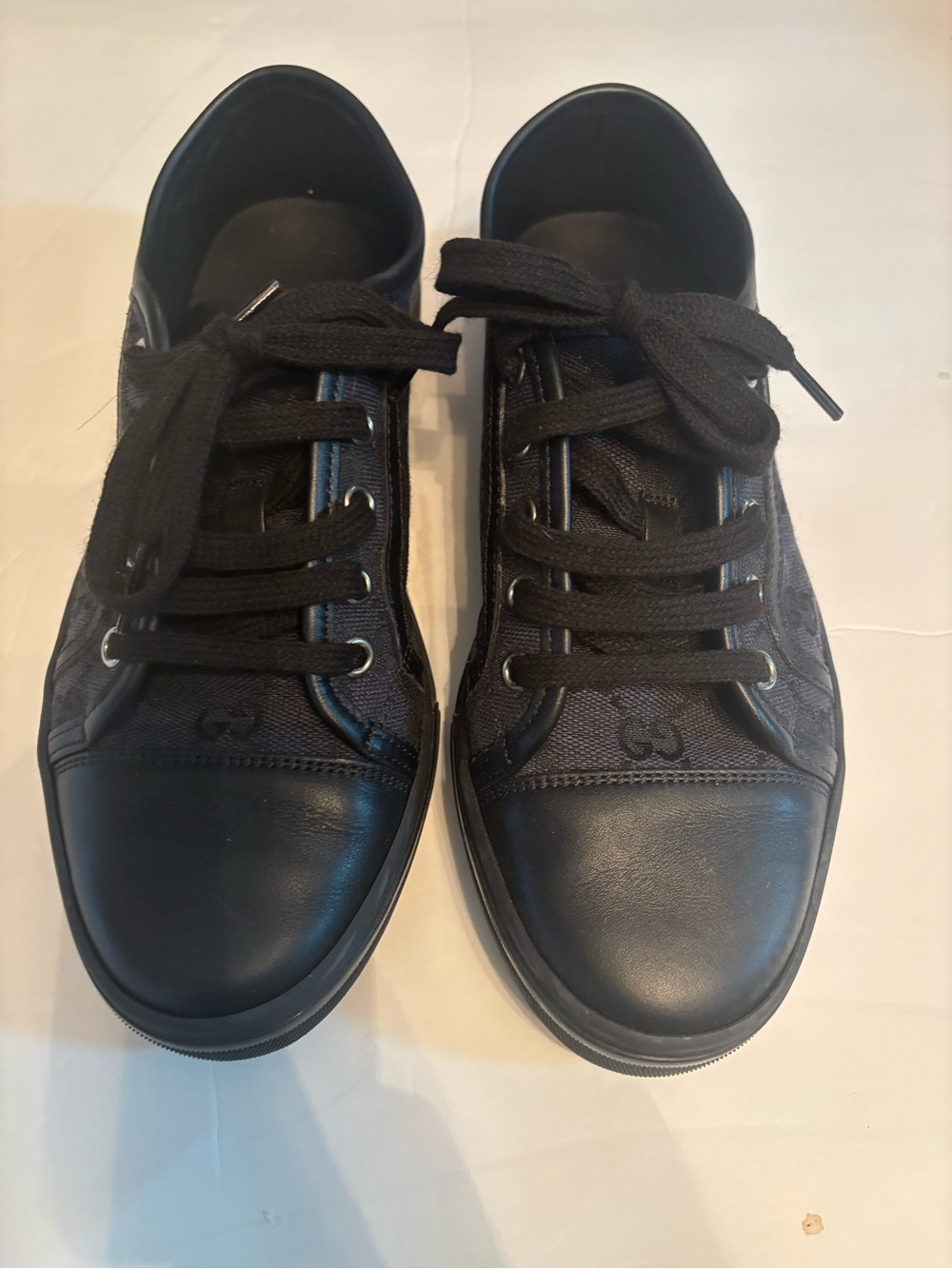 Gucci Black Low-Top Leather & Monogram Canvas Sneakers